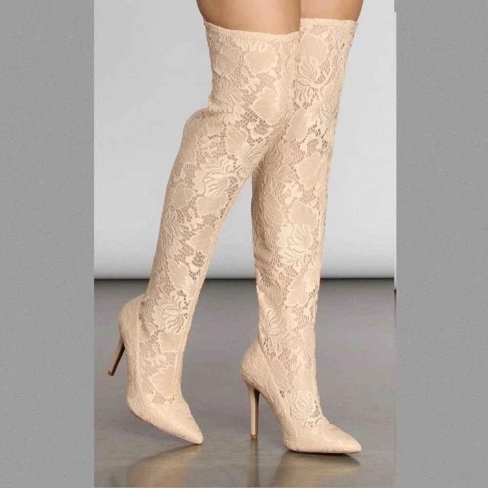 Lace Stiletto Thigh High Boots - Picture 2 of 11